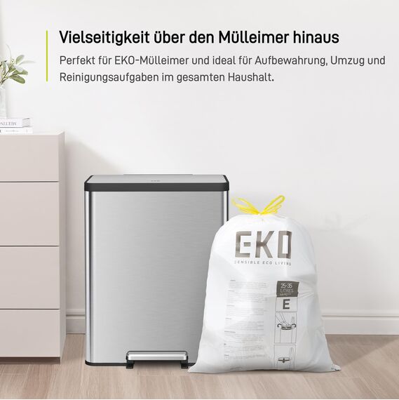 EKO reißfest Müllbeutel mit Zugband, 25-35 Liter Müllsäcke, 80 Beuteln, extra starken, Schnellzugriffsbox, Auslaufsicher Mülltüten für sicheren Halt am Mülleimer, weiß, Größe E
