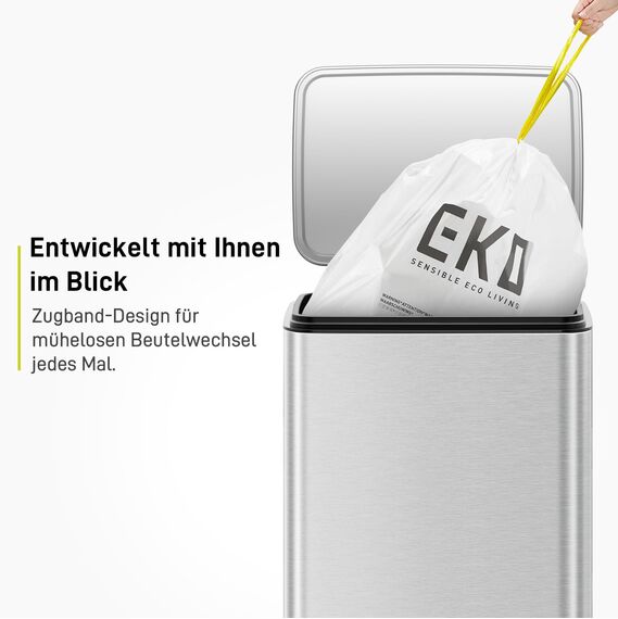 EKO Müllbeutel 25–35L, Reißfeste Müllsäcke mit praktischem Zugband, Größe E, Extra starke & dichte Mülltüten für Küchenmülleimer, 12 Stück, Weiß