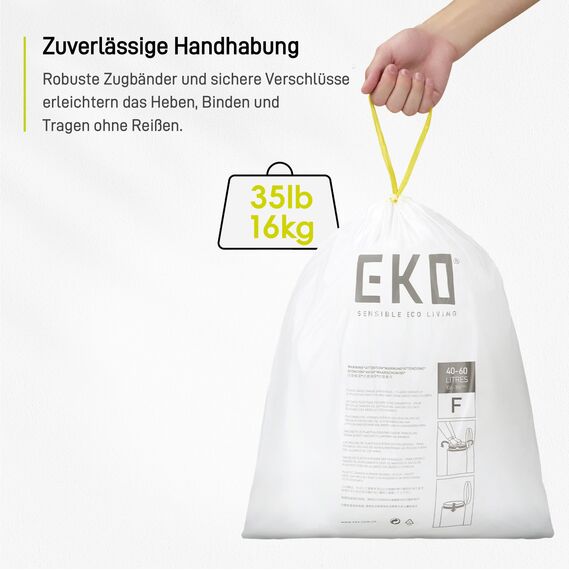 EKO reißfest Müllbeutel mit Zugband, 60 Liter Müllsäcke, 60 Beuteln, extra starken, Schnellzugriffsbox, Auslaufsicher Mülltüten für sicheren Halt am Mülleimer, weiß, Größe F