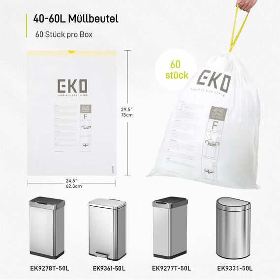 EKO reißfest Müllbeutel mit Zugband, 60 Liter Müllsäcke, 60 Beuteln, extra starken, Schnellzugriffsbox, Auslaufsicher Mülltüten für sicheren Halt am Mülleimer, weiß, Größe F