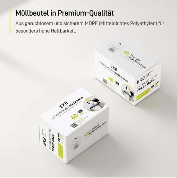 EKO reißfest Müllbeutel mit Zugband, 80 Liter Müllsäcke, 60 Beuteln, extra starken, Auslaufsichere und geruchsdichte Mülltüten mit sicherem Halt am Mülleimer, Schnellzugriffsbox, weiß, Größe G