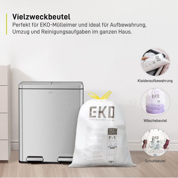 EKO Größe F-1 Müllbeutel (30.3L), extra starke Müllsäcke mit Zugband für Küche, 20 Beutel, weiß, Perfekte Passform für Recycling-Mülleimer mit mehreren Fächern