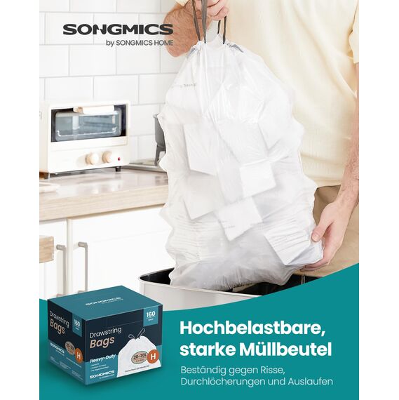 SONGMICS Müllbeutel mit Zugband, hochbelastbar, Müllsäcke für 30 Liter Mülleimer, bereits getrennt, Code H, 4 Rollen, insgesamt 160 Stück, weiß KRB031A04