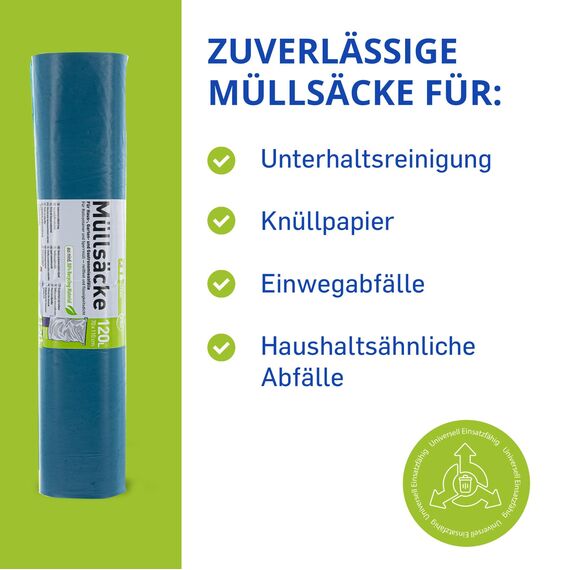 Hossi's Wholesale – 120 Liter Abfallsäcke, 4 Rollen à 25 Stück – Blaue Müllsäcke für Haus-, Garten- & Gastronomieabfälle – reißfeste Müllbeutel mit 39my Stärke (700 x 1100 mm)