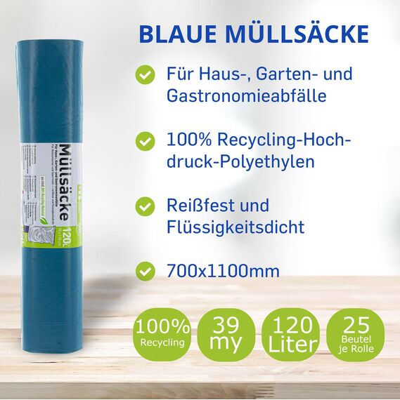 Hossi's Wholesale – 120 Liter Abfallsäcke, 2 Rollen à 25 Stück – Blaue Müllsäcke für Haus-, Garten- & Gastronomieabfälle – reißfeste Müllbeutel mit 39my Stärke (700 x 1100 mm)