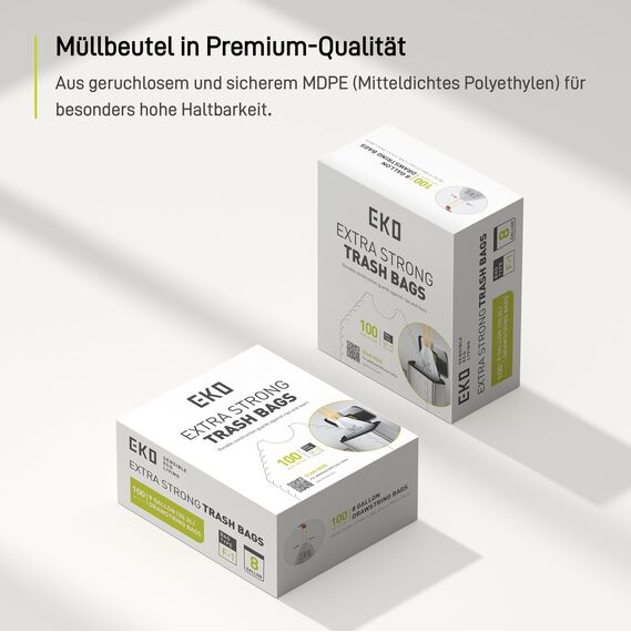 EKO extralange Müllbeutel mit Zugband, 30 Liter Müllsäcke, 100 Beuteln, extra starken, Schnellzugriffsbox, Perfekte Passform für Recycling-Mülleimer, Auslaufsicher, weiß, Größe F-1