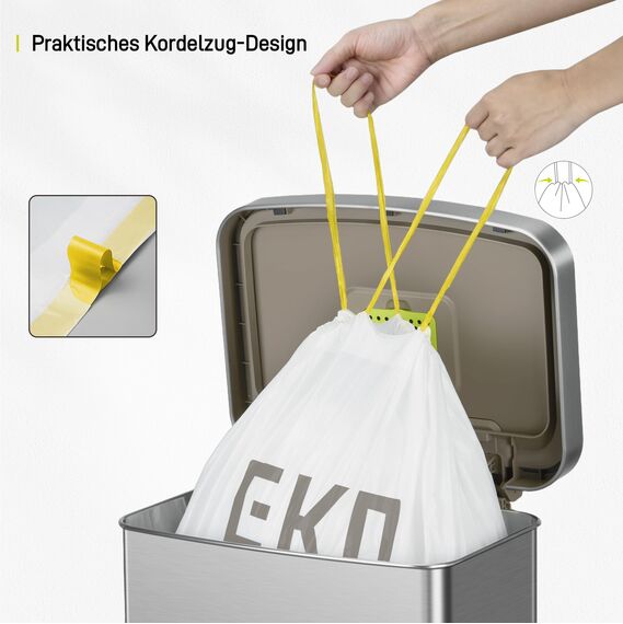 EKO reißfest Müllbeutel mit Zugband, 80 Liter Müllsäcke, 60 Beuteln, extra starken, Auslaufsichere und geruchsdichte Mülltüten mit sicherem Halt am Mülleimer, Schnellzugriffsbox, weiß, Größe G