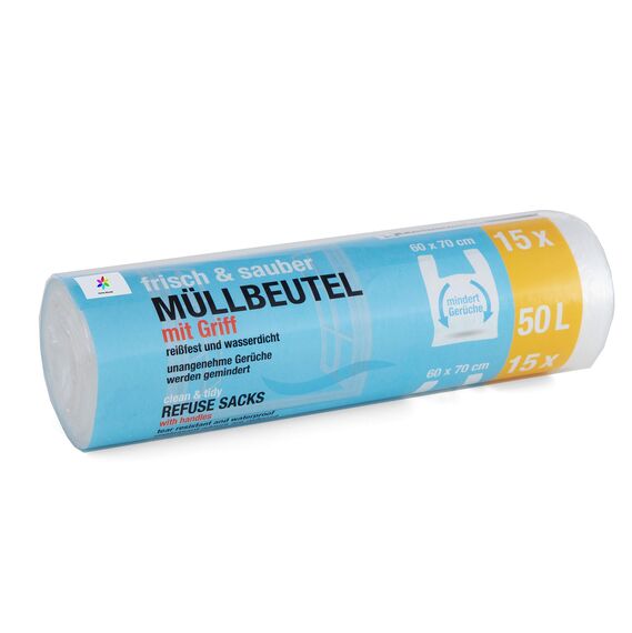 45 Stück Müllbeutel Premiumline: 50 Liter, 3er Pack, Größe: 60 x 70 cm - Besonders reißfest und wasserdicht - Mit Trage-Griff/Henkel