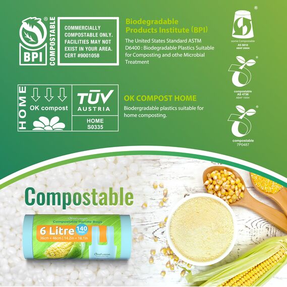 GreFusion Lebensmittelabfallbeutel, 6 l, extra dick, kompostierbar, 6 l, mit Griffen, 140 Stück
