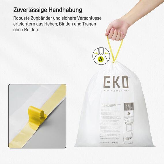 EKO Müllbeutel Größe A (3L- 6L), extra starke Müllsäcke mit Zugband für Küche und Bad, 80 Beutel, 1 Packung, weiß, klein, Geeignet für Mülleimer mit 3L, 4L, 5L, 6L