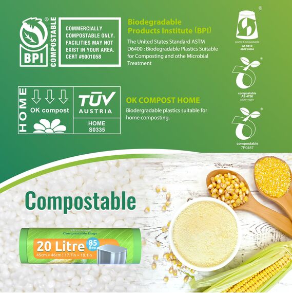 GreFusion Extra dick Biomüllbeutel 20 Liter x 85 biologisch abbaubarer Folienbeutel Kompostierbare Abfallbeutel