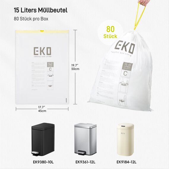 EKO Müllbeutel Größe C (10L- 15L), extra starke Müllsäcke mit Zugband für Küche und Bad, 80 Beutel, 1 Packung, weiß, Geeignet für Mülleimer mit 10L, 12L, 15L