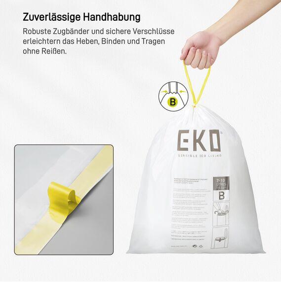 EKO Müllbeutel, einfach zu verwenden, extra starker Kordelzug, klein, 80 Stück, 7–10 l, 1 Packung, Weiß, Code B