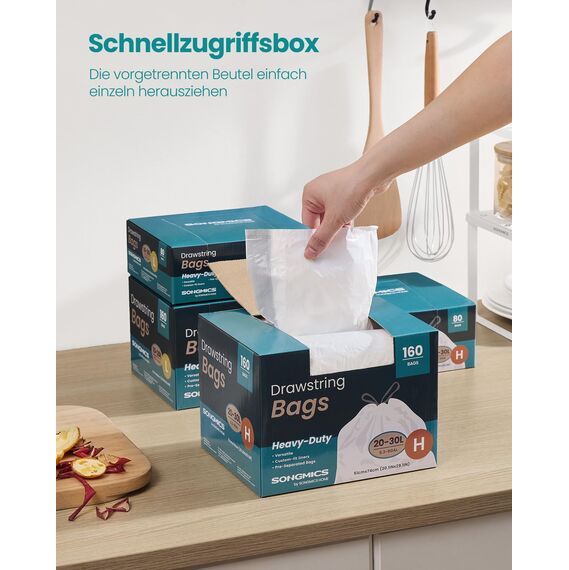 SONGMICS Müllbeutel mit Zugband, hochbelastbar, Müllsäcke für 30 Liter Mülleimer, bereits getrennt, Code H, 4 Rollen, insgesamt 160 Stück, weiß KRB031A04