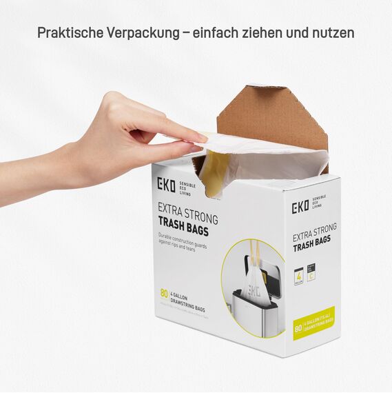 EKO Müllbeutel Größe C (10L- 15L), extra starke Müllsäcke mit Zugband für Küche und Bad, 80 Beutel, 1 Packung, weiß, Geeignet für Mülleimer mit 10L, 12L, 15L