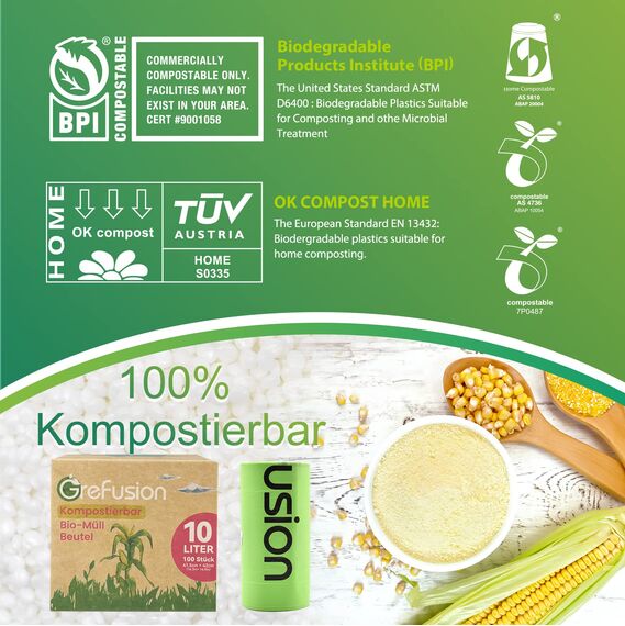GreFusion Biomüllbeutel 10 Liter x 100 biologisch abbaubarer Folienbeutel Kompostierbare Abfallbeutel