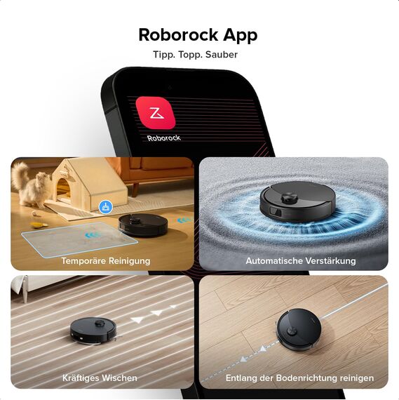roborock Q10 S5-Set Saugroboter mit Wischfunktion, 10.000 Pa Saugkraft, Dual Anti-Tangle System, Auto Lifting Mopping, Ideal für Tierhaare&Teppiche&Hartböden (Schwarz)