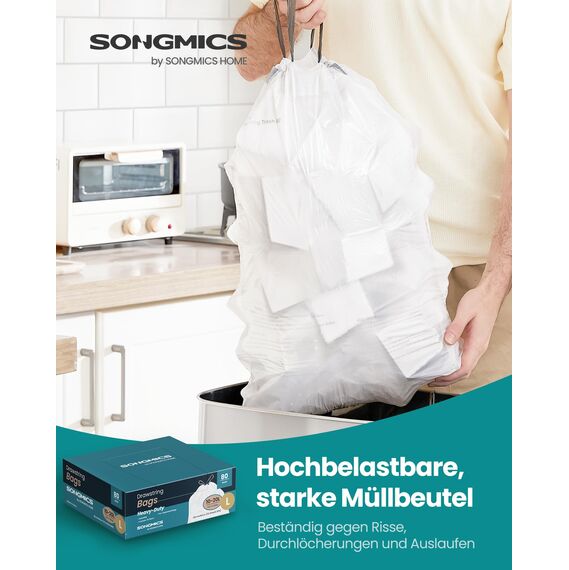 SONGMICS Müllbeutel mit Zugband, hochbelastbar, Müllsäcke für 20 Liter Mülleimer, bereits getrennt, Schnellzugriffsbox, Code L, 2 Rollen, insgesamt 80 Stück, weiß KRB021A02