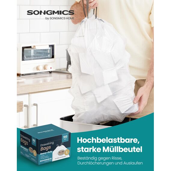SONGMICS Müllbeutel mit Zugband, hochbelastbar, Müllsäcke für 20 Liter Mülleimer, bereits getrennt, Schnellzugriffsbox, Code L, 4 Rollen, insgesamt 160 Stück, weiß KRB021A04