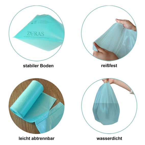 ZURAS 240 Liter Biomüllbeutel 20 Stk. kompostfähige, biologisch abbaubare Müllbeutel auf pflanzlicher Basis, DIN EN 13432 zertifiziert und geprüft, reißfest und wasserdicht