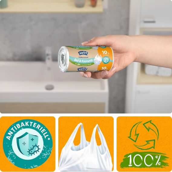 Swirl Reißfest & Dicht Bad & Kosmetik Tragegriff Müllbeutel 10 l (4 x 37 Beutel), tropfsichere Kosmetik-Müllsäcke, reißfeste Mülltüten mit praktischem Tragegriff
