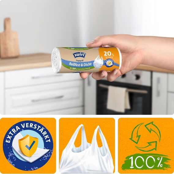 Swirl Reißfest & Dicht Tragegriff Müllbeutel 20 l (4 x 20 Beutel), tropfsichere Müllsäcke für den Hausmüll, reißfeste Mülltüten mit praktischem Tragegriff