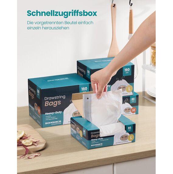 SONGMICS Müllbeutel mit Zugband, hochbelastbar, Müllsäcke für 20 Liter Mülleimer, bereits getrennt, Schnellzugriffsbox, Code L, 2 Rollen, insgesamt 80 Stück, weiß KRB021A02