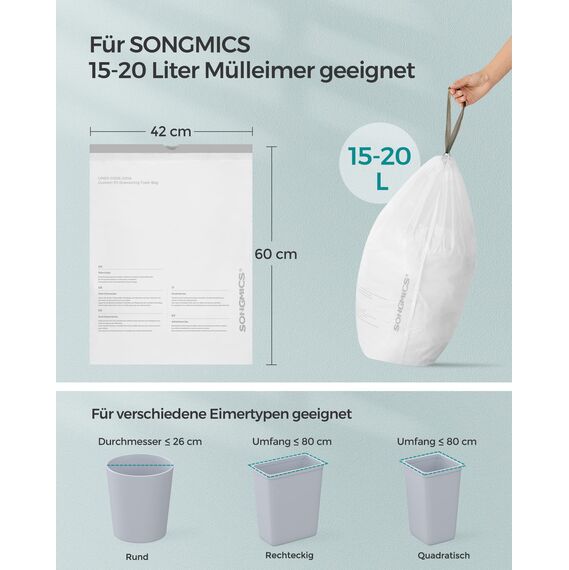 SONGMICS Müllbeutel mit Zugband, hochbelastbar, Müllsäcke für 20 Liter Mülleimer, bereits getrennt, Code 020A01, 2 Rollen, insgesamt 80 Stück, weiß KRB020A02