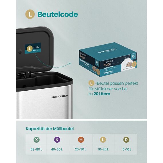 SONGMICS Müllbeutel mit Zugband, hochbelastbar, Müllsäcke für 20 Liter Mülleimer, bereits getrennt, Schnellzugriffsbox, Code L, 2 Rollen, insgesamt 80 Stück, weiß KRB021A02