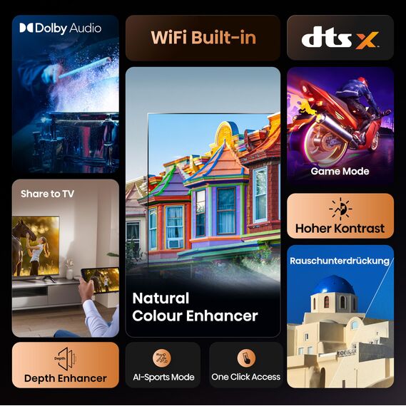 Hisense 32E4QT Fehrnseher, 32 Zoll, DLED, Smart TV, Game Mode, AI Sports Mode, Dolby Audio, Dolby MS12, DTS Virtual X, HDR10, HLG, Full HD, High Contrast, Rauschunterdrückung [2025]