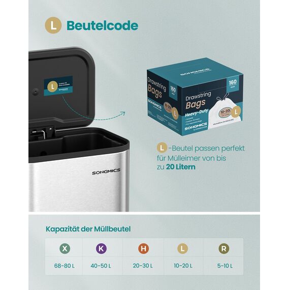 SONGMICS Müllbeutel mit Zugband, hochbelastbar, Müllsäcke für 20 Liter Mülleimer, bereits getrennt, Schnellzugriffsbox, Code L, 4 Rollen, insgesamt 160 Stück, weiß KRB021A04