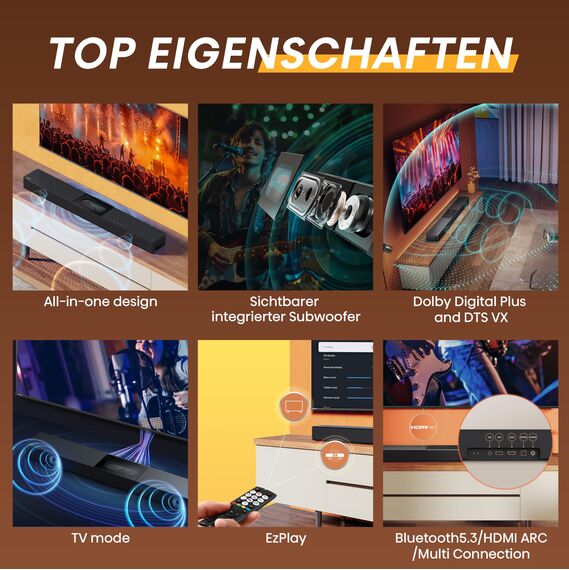 Hisense Bundle 43E6NT 108cm (43 Zoll) Fernseher, 4K UHD Smart TV, HDR, Dolby Vision, 60Hz [2024] HS2000 2.1 Kanal Soundbar, integrierter Subwoofer, 240W, Dolby Audio, Bluetooth, HDMI ARC