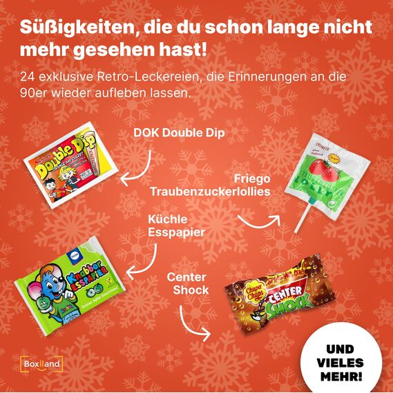 UMBRELLA® Nostalgie Adventskalender Süßigkeiten 2025 [RETRO VINTAGE] – 24x Süßigkeiten aus den 80ern, 90ern & 2000ern – Adventskalender zum Naschen & Erinnern – Handverpackt in Deutschland