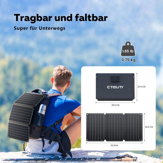 CTOLITY 21W Solarpanel, Tragbares Solar-Ladegerät mit 2 Ports (USB-C/USB-A), 6V/3A Gesamtausgang, IP67 wasserdichtes Solarladegerät, USB Solar Panel fürMobiltelefone, Powerbank, Campinglampen, PCs