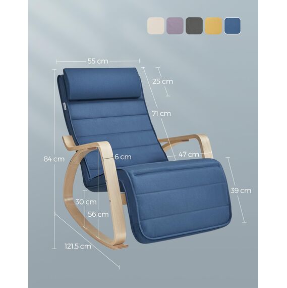 SONGMICS Schaukelstuhl, mit Armlehnen aus Birkenholz, Schaukelsessel, 5-Fach verstellbare Fußstütze, bis 150 kg belastbar, für Schlafzimmer, Wohnzimmer, mitternachtsblau-naturfarben LYY010Q01