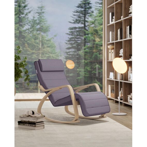 SONGMICS Schaukelstuhl, mit Armlehnen aus Birkenholz, Schaukelsessel, 5-fach verstellbare Fußstütze, bis 150 kg belastbar, für Schlafzimmer, Wohnzimmer, hellgrau-naturfarben LYY010G01