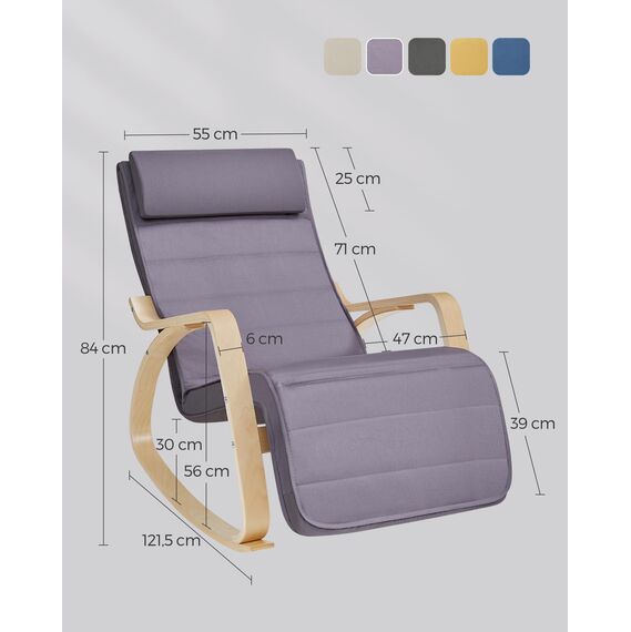 SONGMICS Schaukelstuhl, mit Armlehnen aus Birkenholz, Schaukelsessel, 5-fach verstellbare Fußstütze, bis 150 kg belastbar, für Schlafzimmer, Wohnzimmer, hellgrau-naturfarben LYY010G01