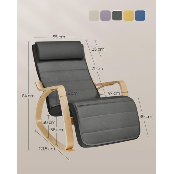 SONGMICS Schaukelstuhl, mit Armlehnen aus Birkenholz, Schaukelsessel, 5-fach verstellbare Fußstütze, bis 150 kg belastbar, für Schlafzimmer, Wohnzimmer, dunkelgrau-naturfarben LYY10G