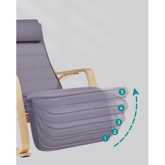 SONGMICS Schaukelstuhl, mit Armlehnen aus Birkenholz, Schaukelsessel, 5-fach verstellbare Fußstütze, bis 150 kg belastbar, für Schlafzimmer, Wohnzimmer, hellgrau-naturfarben LYY010G01