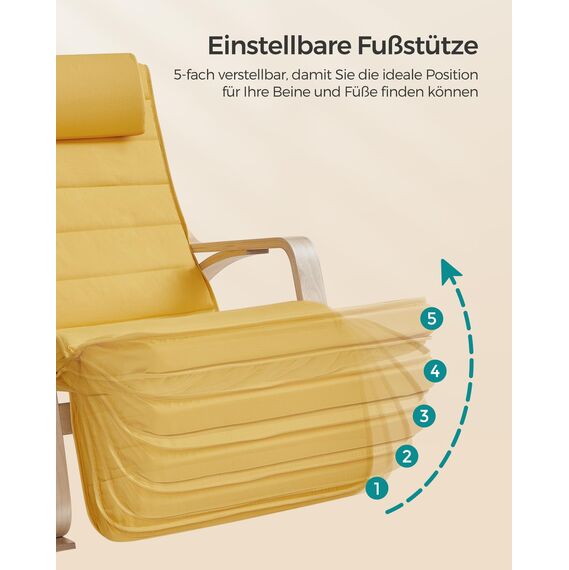 SONGMICS Schaukelstuhl, mit Armlehnen aus Birkenholz, Schaukelsessel, 5-Fach verstellbare Fußstütze, bis 150 kg belastbar, für Schlafzimmer, Wohnzimmer, pastellgelb-naturfarben LYY010Y01