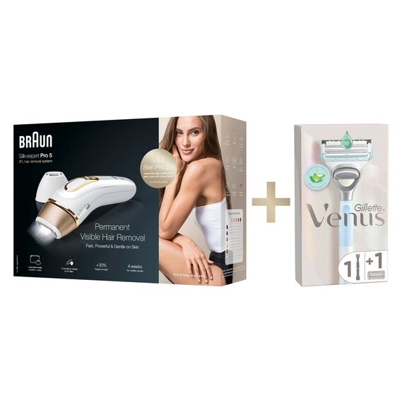 Braun IPL Silk Expert Pro 5 – IPL Geräte Haarentfernung, Dauerhafte und Schmerzfreie Haarentfernung für Zuhause – inkl. Etui, 2 Venus Rasierer, 2 Aufsätze, Designed In Germany – PL5157, Weiß/Gold