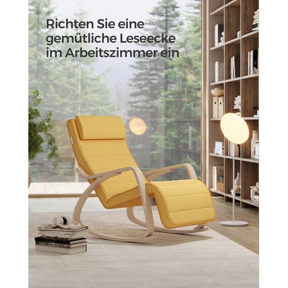 SONGMICS Schaukelstuhl, mit Armlehnen aus Birkenholz, Schaukelsessel, 5-Fach verstellbare Fußstütze, bis 150 kg belastbar, für Schlafzimmer, Wohnzimmer, pastellgelb-naturfarben LYY010Y01