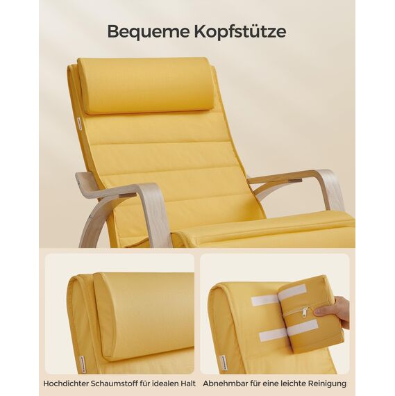 SONGMICS Schaukelstuhl, mit Armlehnen aus Birkenholz, Schaukelsessel, 5-Fach verstellbare Fußstütze, bis 150 kg belastbar, für Schlafzimmer, Wohnzimmer, pastellgelb-naturfarben LYY010Y01