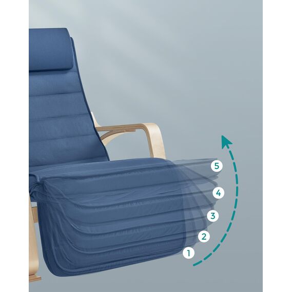 SONGMICS Schaukelstuhl, mit Armlehnen aus Birkenholz, Schaukelsessel, 5-Fach verstellbare Fußstütze, bis 150 kg belastbar, für Schlafzimmer, Wohnzimmer, mitternachtsblau-naturfarben LYY010Q01