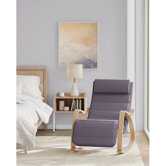 SONGMICS Schaukelstuhl, mit Armlehnen aus Birkenholz, Schaukelsessel, 5-fach verstellbare Fußstütze, bis 150 kg belastbar, für Schlafzimmer, Wohnzimmer, hellgrau-naturfarben LYY010G01