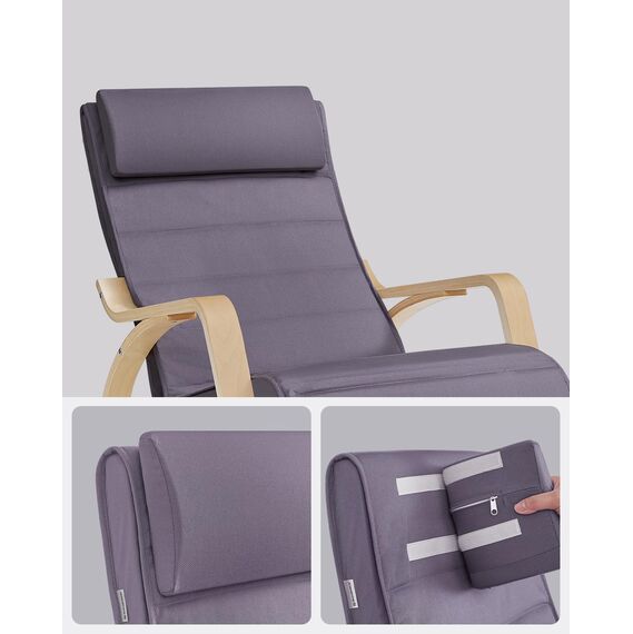 SONGMICS Schaukelstuhl, mit Armlehnen aus Birkenholz, Schaukelsessel, 5-fach verstellbare Fußstütze, bis 150 kg belastbar, für Schlafzimmer, Wohnzimmer, hellgrau-naturfarben LYY010G01