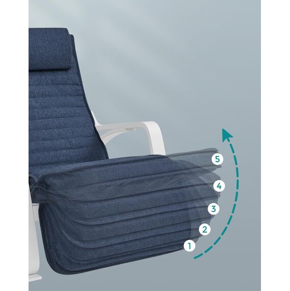 SONGMICS Schaukelstuhl, mit Armlehnen aus Birkenholz, Schaukelsessel, 5-Fach verstellbare Fußstütze, bis 150 kg belastbar, für Schlafzimmer, Wohnzimmer, mitternachtsblau-weiß LYY011Q01