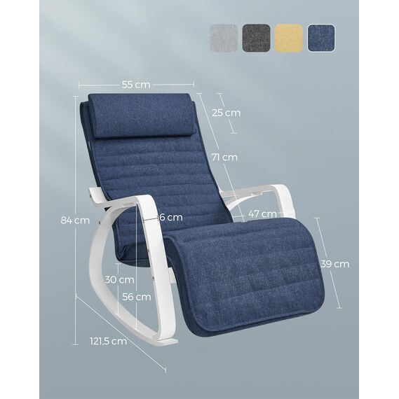 SONGMICS Schaukelstuhl, mit Armlehnen aus Birkenholz, Schaukelsessel, 5-Fach verstellbare Fußstütze, bis 150 kg belastbar, für Schlafzimmer, Wohnzimmer, mitternachtsblau-weiß LYY011Q01