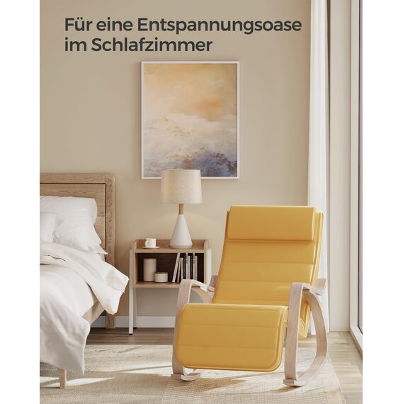 SONGMICS Schaukelstuhl, mit Armlehnen aus Birkenholz, Schaukelsessel, 5-Fach verstellbare Fußstütze, bis 150 kg belastbar, für Schlafzimmer, Wohnzimmer, pastellgelb-naturfarben LYY010Y01