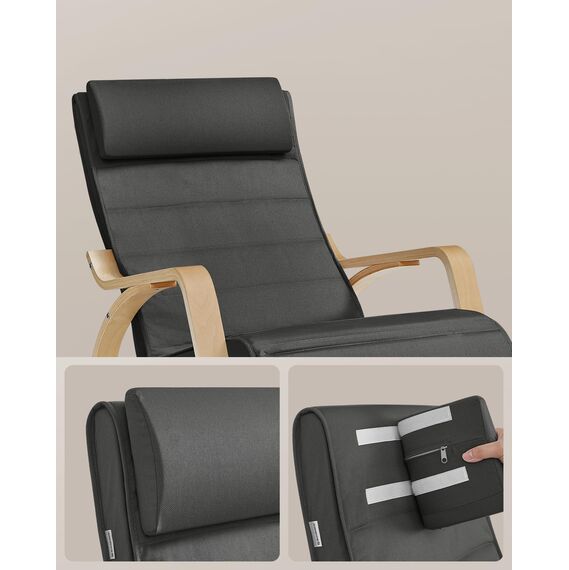 SONGMICS Schaukelstuhl, mit Armlehnen aus Birkenholz, Schaukelsessel, 5-fach verstellbare Fußstütze, bis 150 kg belastbar, für Schlafzimmer, Wohnzimmer, dunkelgrau-naturfarben LYY10G